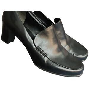 Franco Sarto Nolan Black Leather Loafer Pump Block Heel 9.5W Wide Corporate Work